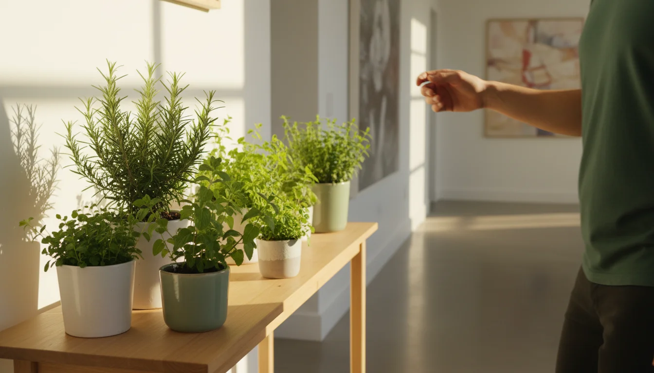 Person's hand gently brushes a vibrant potted rosemary plant on a narrow console table in a sunlit indoor entryway, releasing its scent.