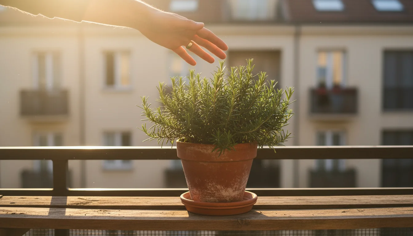 Person's hand casts a soft-edged shadow over a potted rosemary on a balcony, demonstrating light assessment.