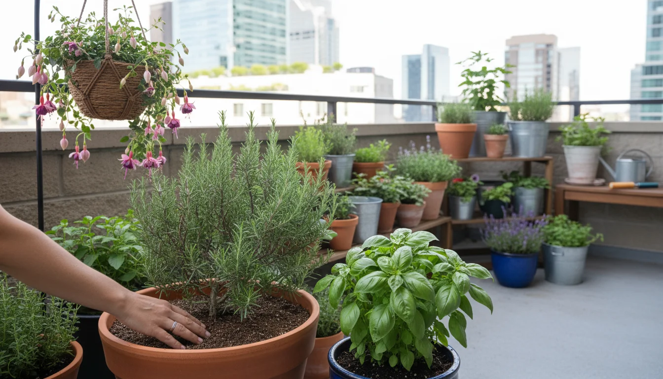 A person's hand checking dry soil in a rosemary pot on an urban balcony, with thriving basil and wilting fuchsia plants nearby.