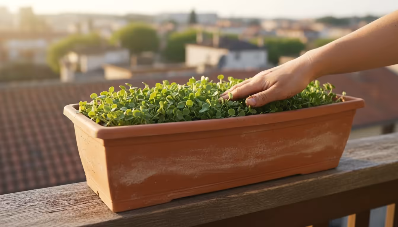 Person's hand checking moisture in a balcony planter box filled with green cover crop sprouts under morning sun.