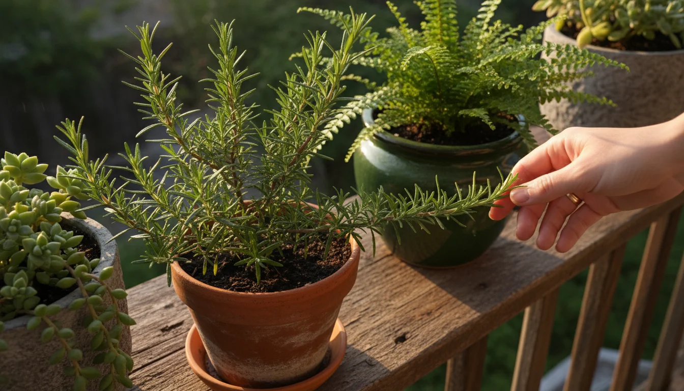 Person's hand gently checking the soil moisture of a basil plant, surrounded by thriving rosemary and fern containers on a sun-dappled patio.