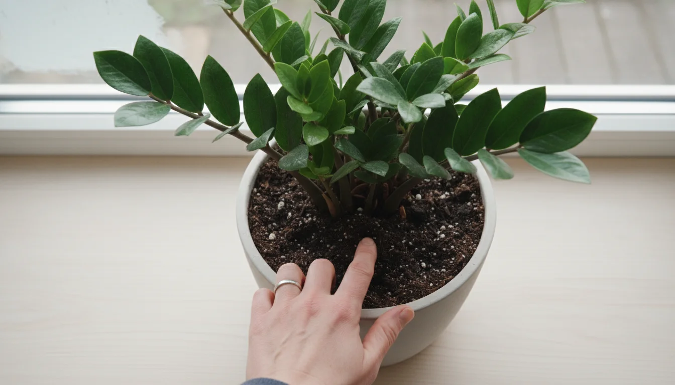 A person's hand checking the soil moisture in a simple, concrete-colored ceramic pot holding a healthy ZZ plant on a window sill.