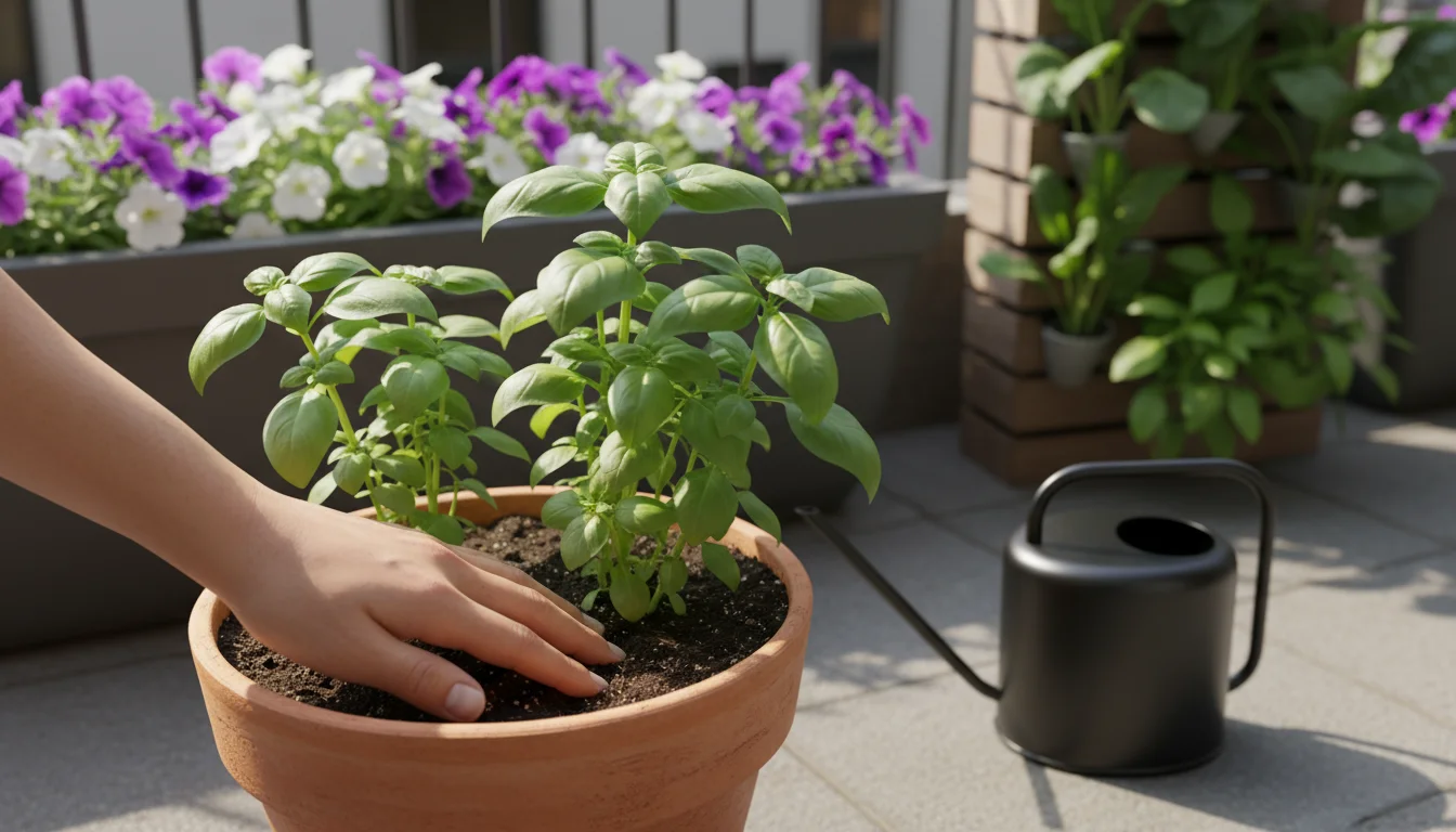 Person's hand checking soil moisture in a terracotta pot with lush basil on a sunlit urban patio, a watering can sits beside it.