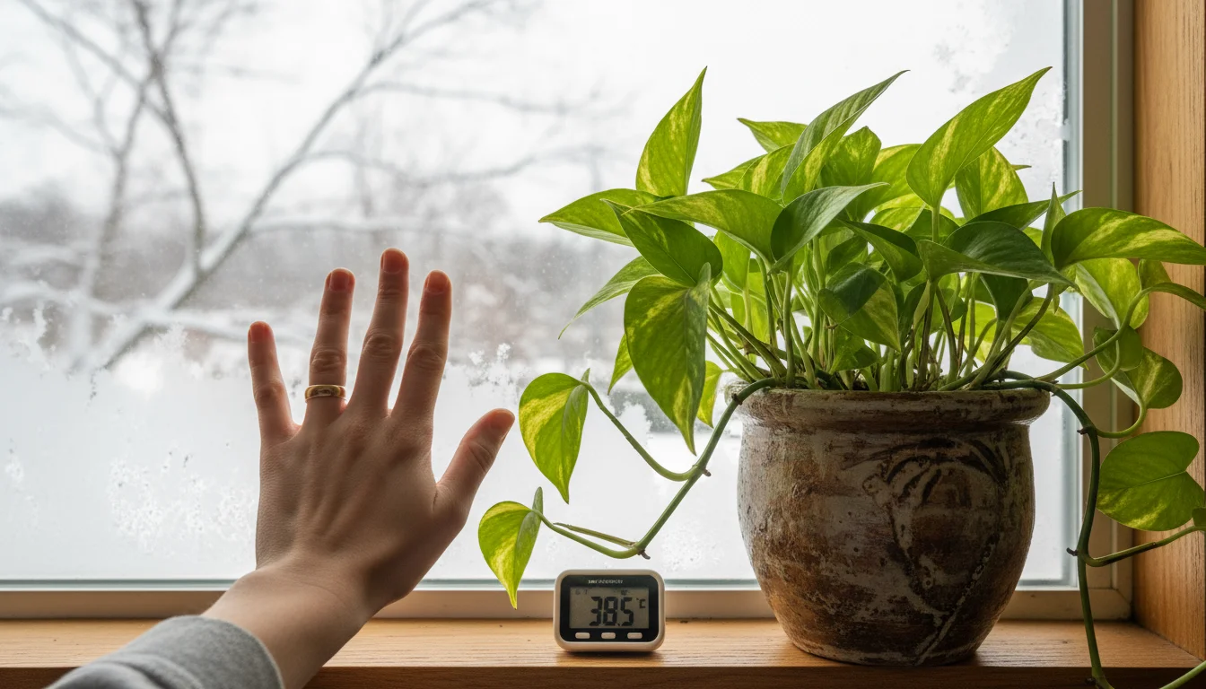 A person's hand checks for cold drafts near a healthy Pothos plant in a ceramic pot on a windowsill, with a thermometer visible.