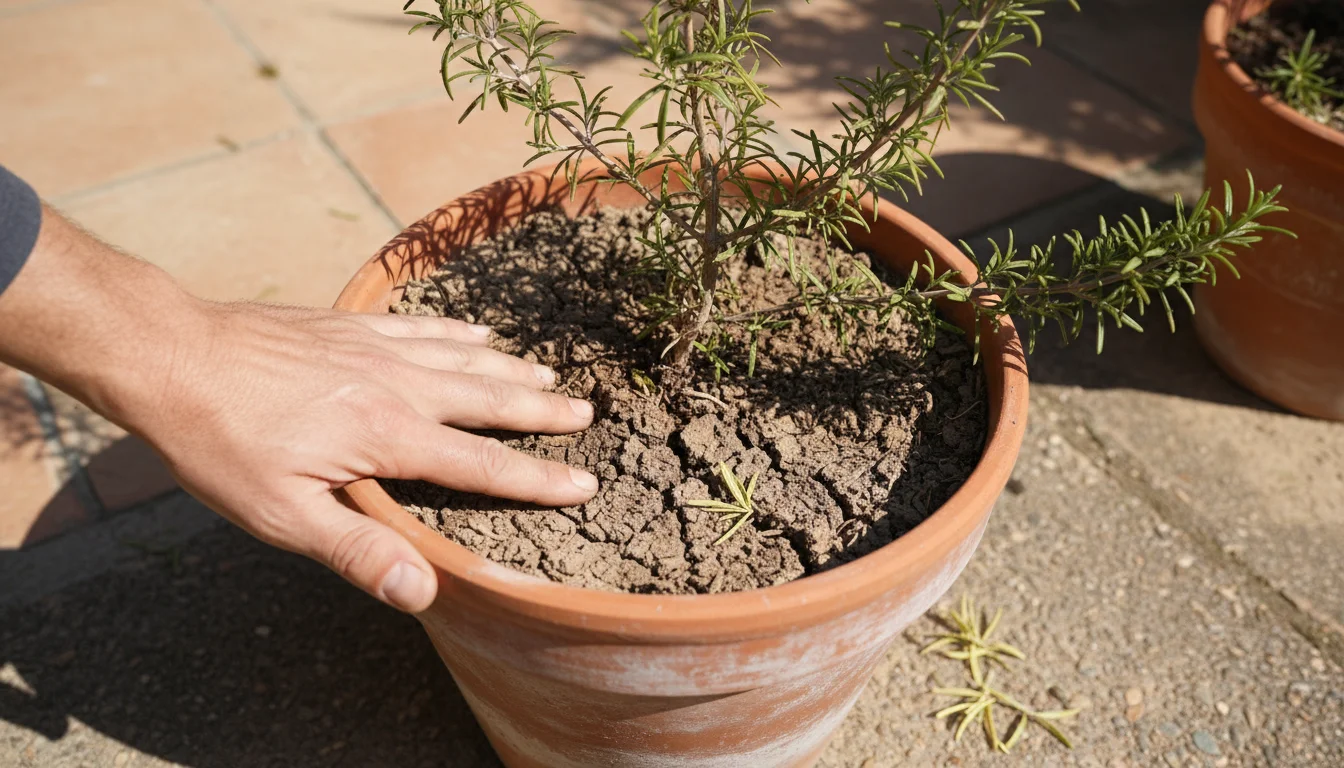 A person's hand checks the dry soil of a sparse rosemary plant in a terracotta pot on a sunny winter balcony.
