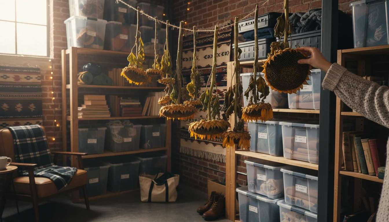 A person's hand gently checks hanging sunflower heads in a small, well-ventilated storage space, assessing dryness.