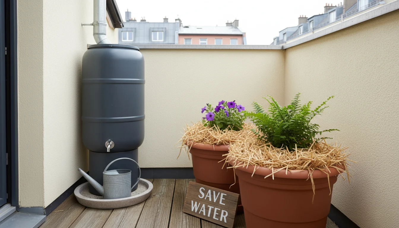 A person's hand checks the mulched soil of a potted plant, next to a compact rain barrel, on a tidy urban balcony.