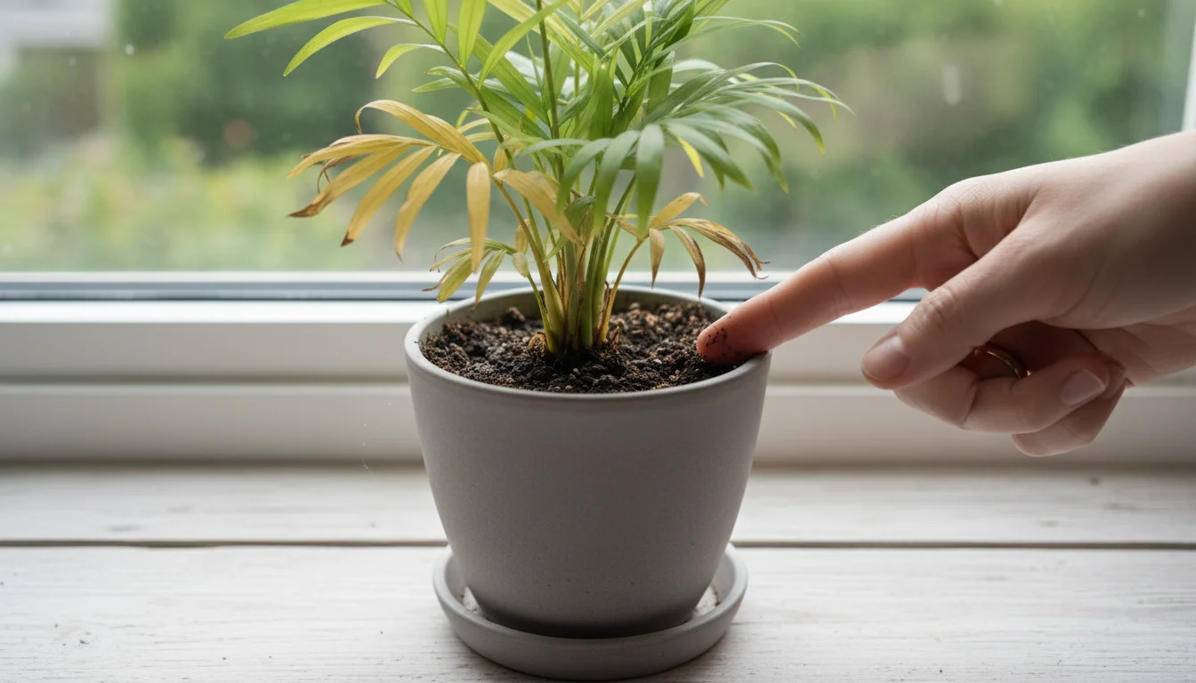 A person's hand checks the soil moisture of a small Parlor Palm plant in a grey pot, which has several yellowing lower fronds.