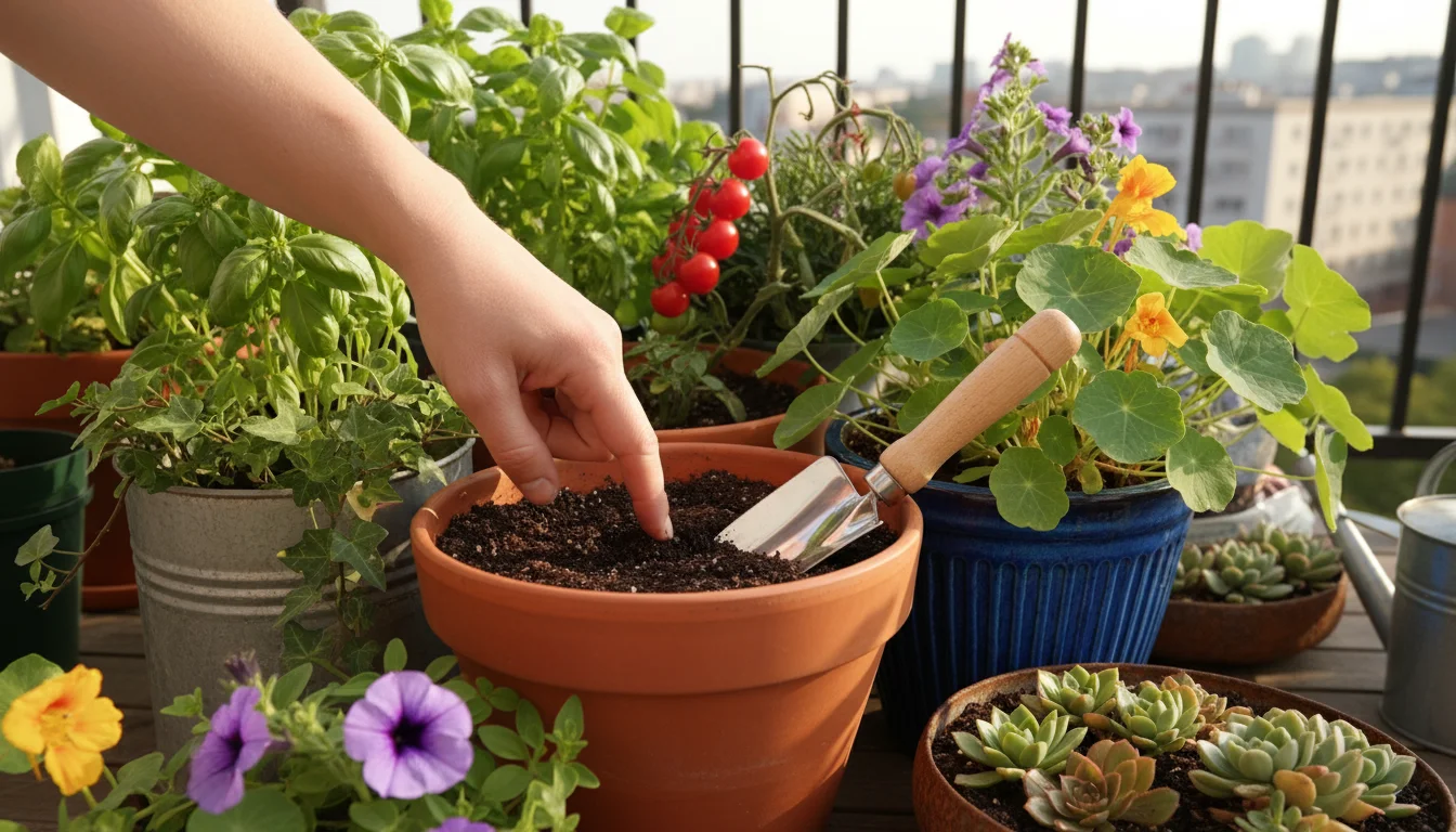 A person's hand checks soil moisture in a terracotta pot on a balcony, next to a trowel filled with compost ready for another pot.