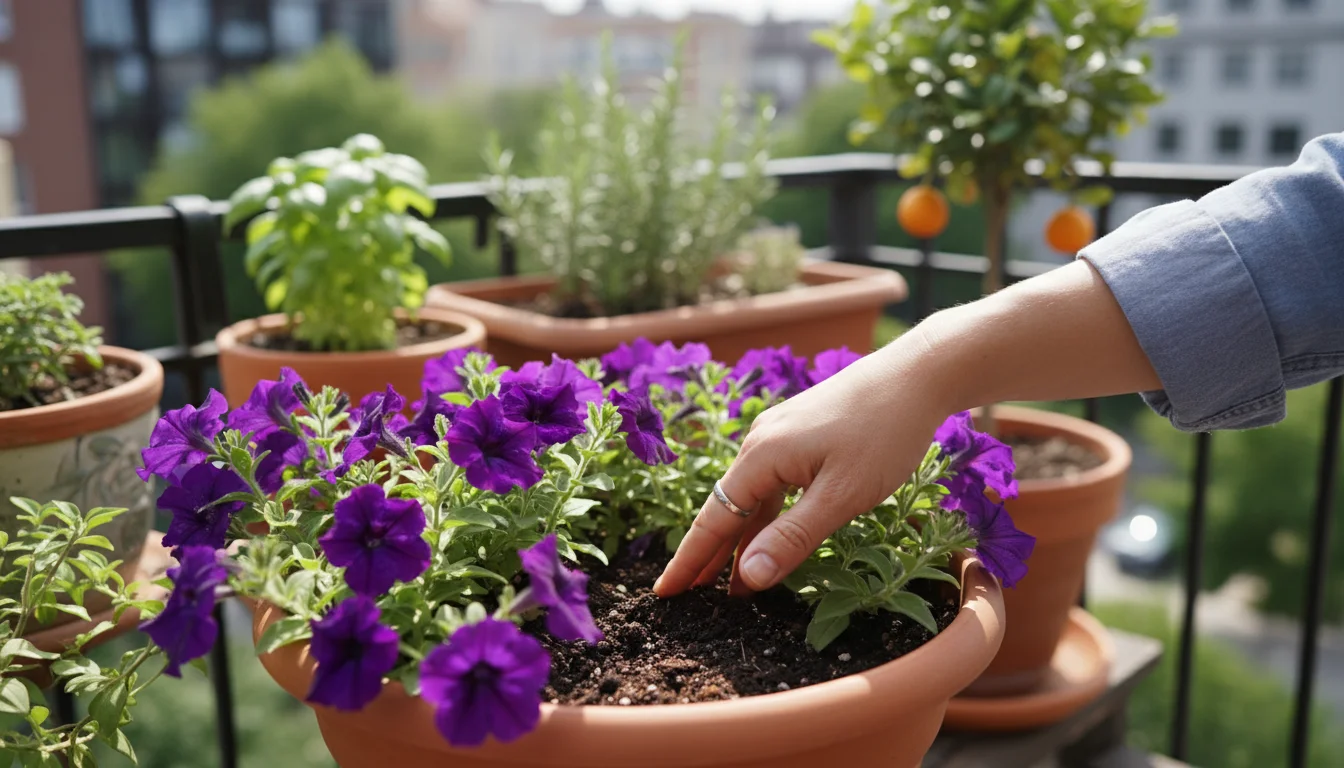 A person's hand checks the soil moisture in a thriving container plant on a sunny urban balcony, surrounded by other healthy pots.