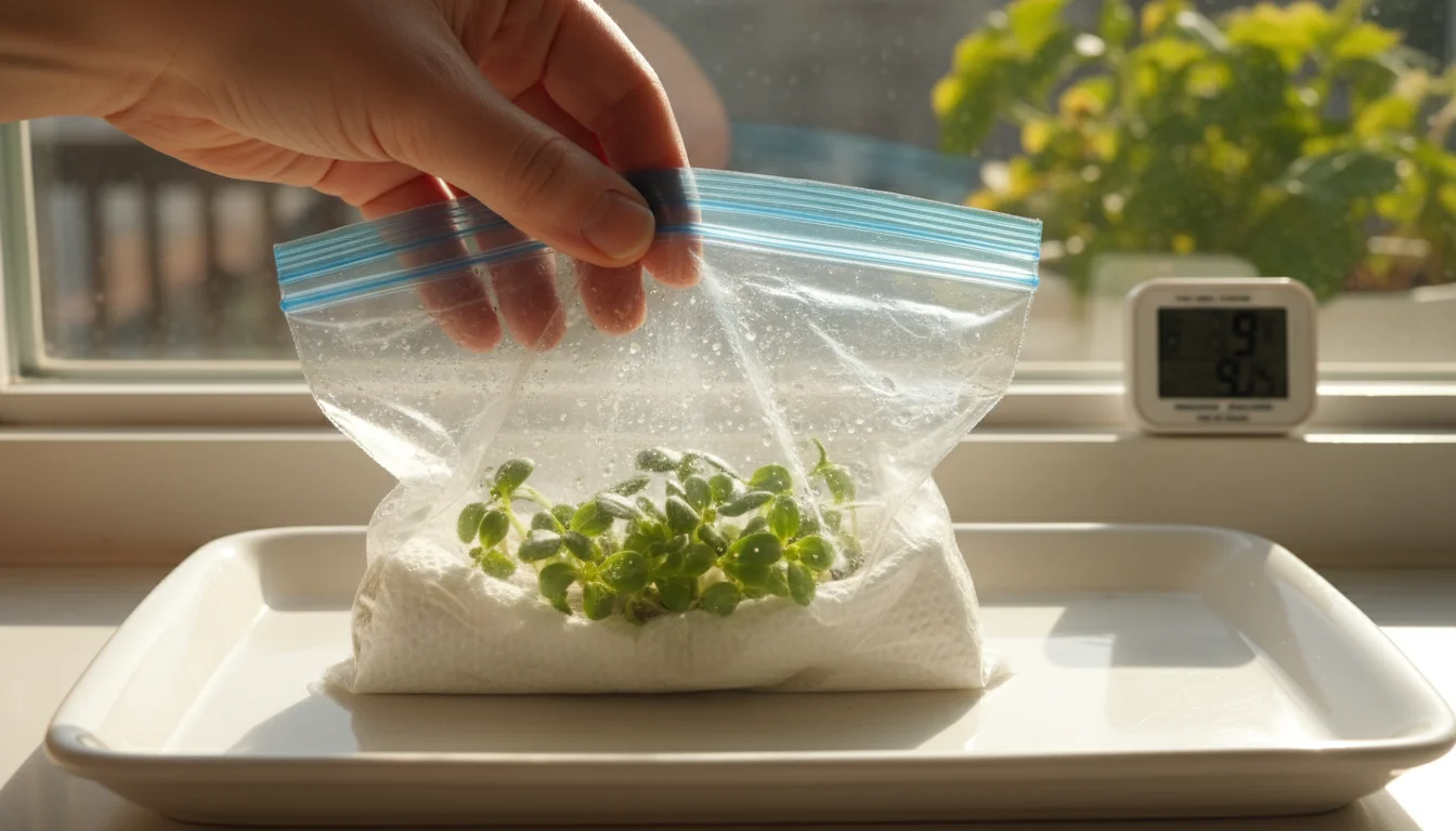 A person's hand gently checks tiny green sprouts in a Ziplock bag on a sunlit windowsill, with a thermometer nearby.