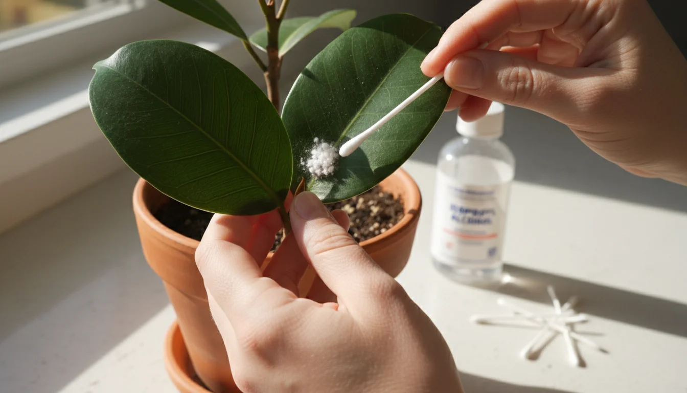A person's hand with a cotton swab dabs a white mealybug cluster on the underside of a glossy green Ficus leaf in a terracotta pot.