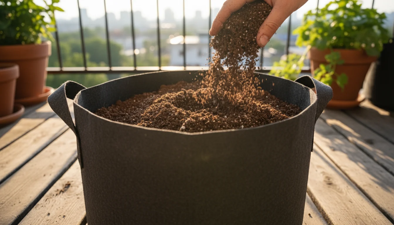 A person's hand gently covers sprouted seed potatoes with fresh, loose soil in a dark grey fabric grow bag on a sunny balcony.