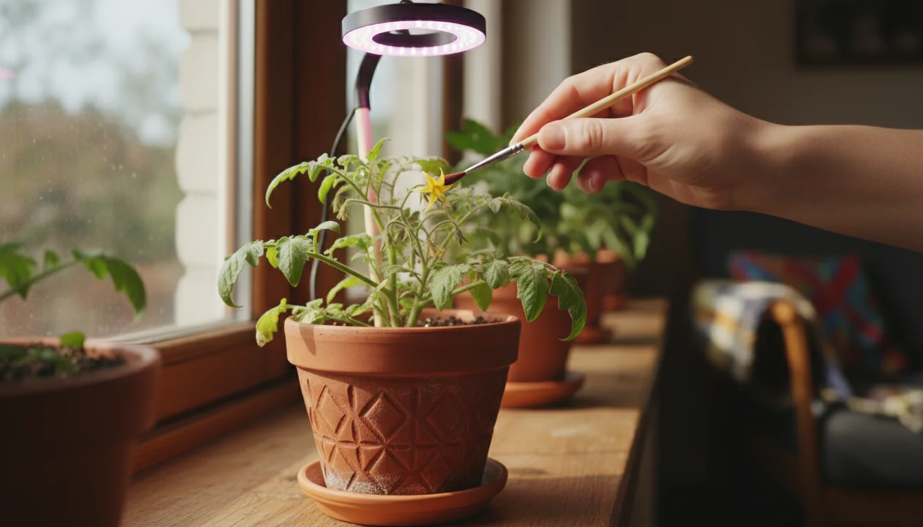 A person's hand delicately brushing a yellow tomato flower with a small paintbrush under an LED grow light on a windowsill.