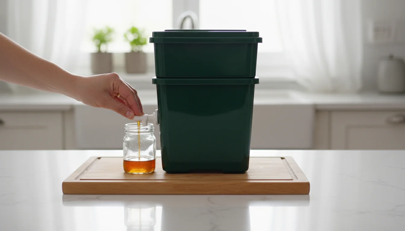 Person's hand draining dark liquid from a compact, dark green worm bin spigot into a clear glass jar on a kitchen counter.