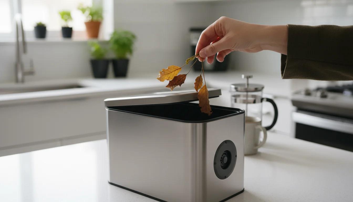 A person's hand drops dried leaves and a small stem into a compact indoor kitchen compost bin on a counter, with container herbs blurred in background