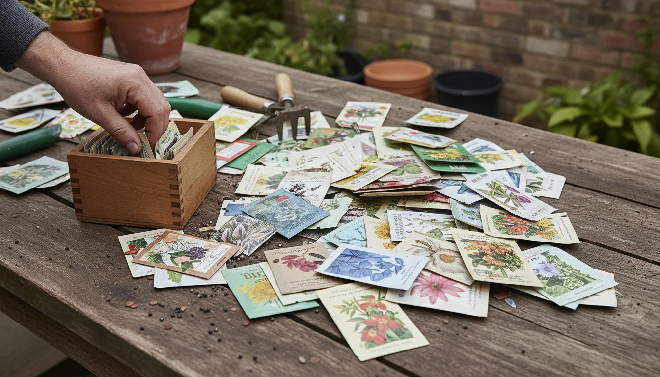 A person's hand empties assorted seed packets from a small wooden box onto a large pile on an outdoor potting bench.