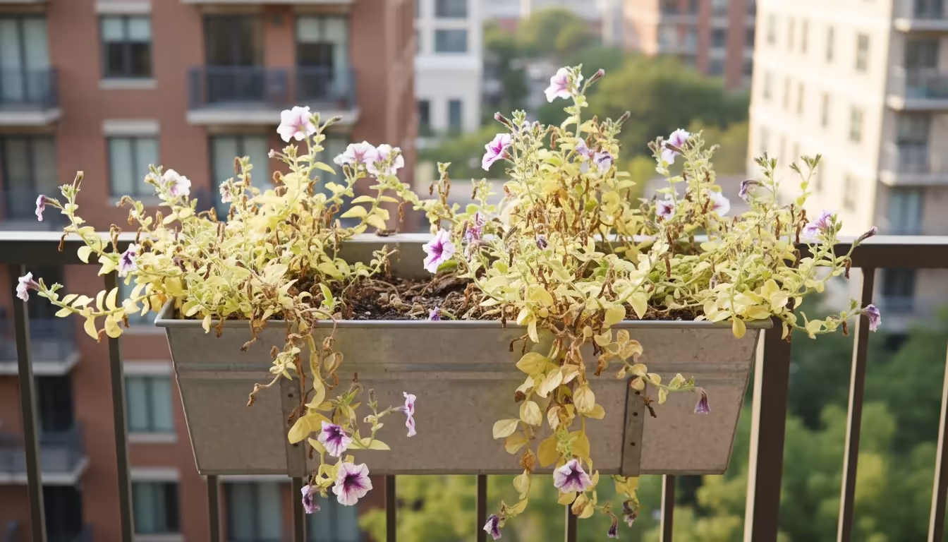 A person's hand gently examines pale, sparse petunia foliage in a depleted balcony planter box, showing signs of nutrient deficiency.