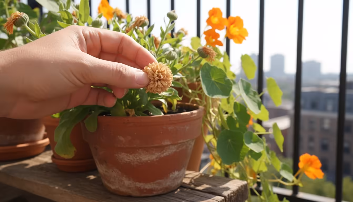 A person's hand carefully harvests dried calendula seeds from a terracotta pot on a sunny balcony garden, surrounded by other vibrant container plants