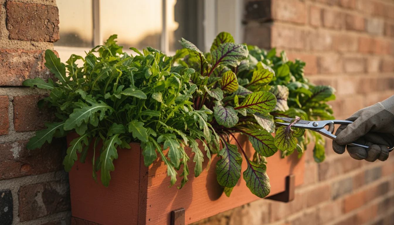 A person's hand harvests vibrant green and purple spicy mustard and wasabi arugula from a lush window box on a brick wall.