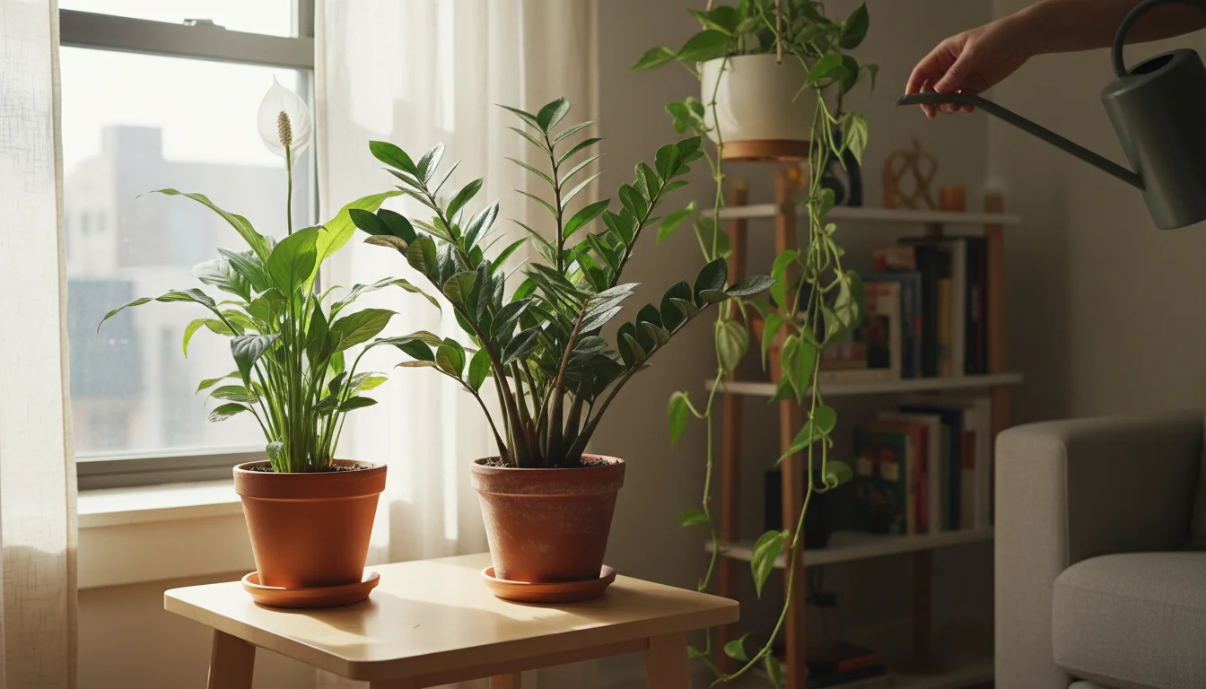 A person's hand holding a damp cloth hovers over a dusty ZZ plant on a windowsill next to a Peace Lily and Pothos.