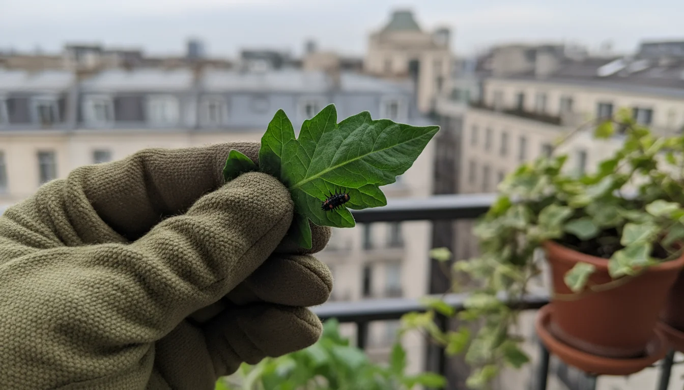 Close-up of a person's hand gently holding a plant leaf with a ladybug larva crawling on its underside, on a balcony.