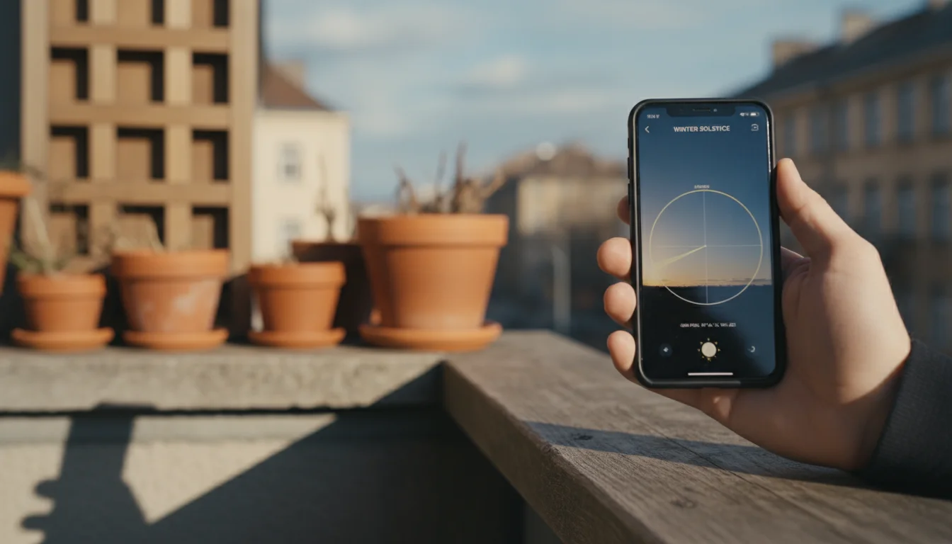 A person's hand holding a smartphone with a sun-tracking app, pointed towards a low winter sun on a balcony with empty pots.