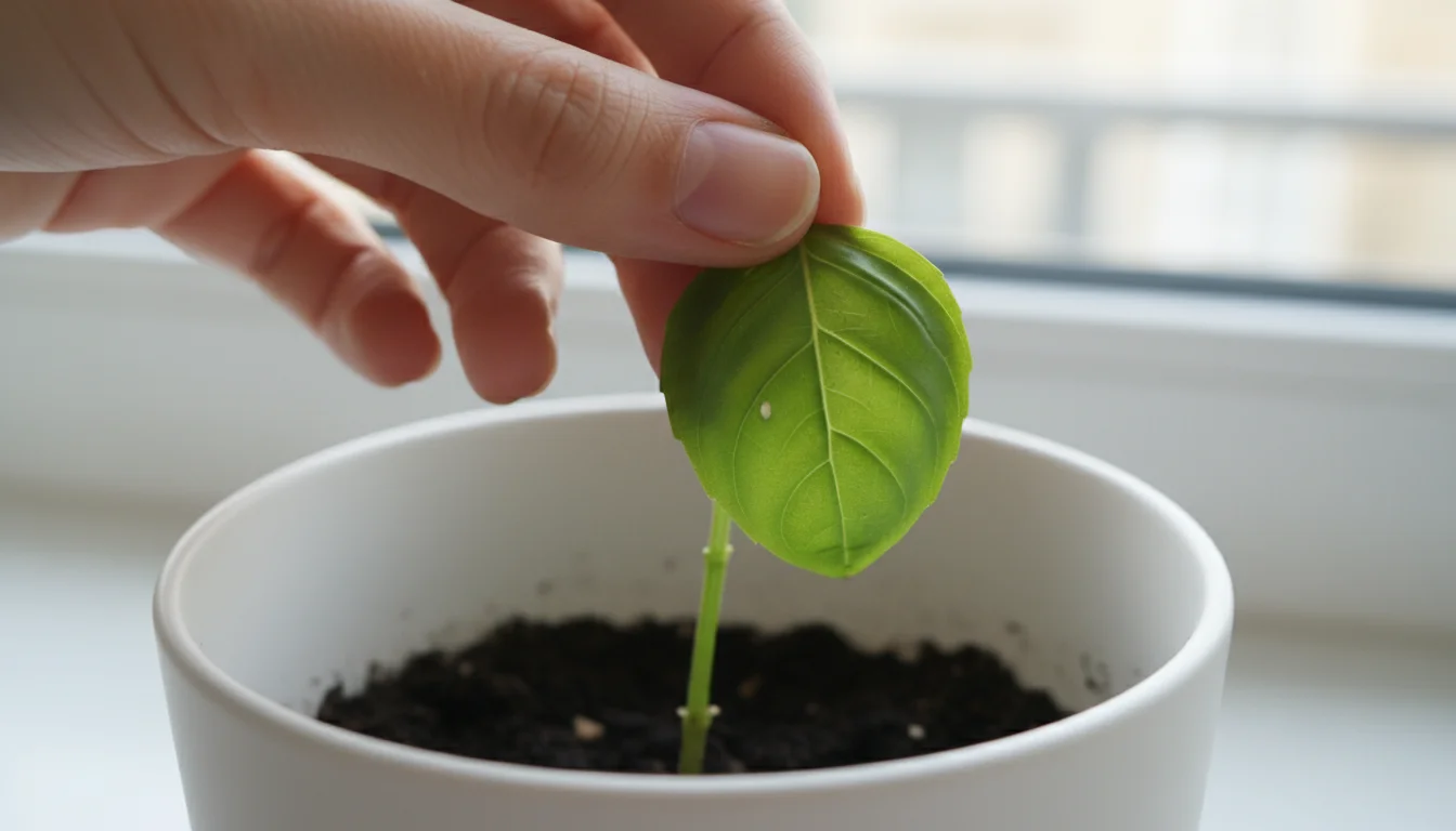 A person's hand gently holds a basil leaf from a white ceramic pot, inspecting the leaf's underside for pests or residue.