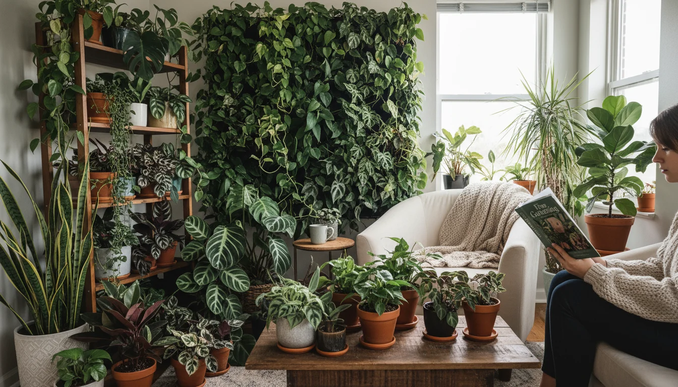 A person's hand holds a book in a cozy armchair surrounded by a dense indoor garden of various houseplants in pots and a vertical planter.