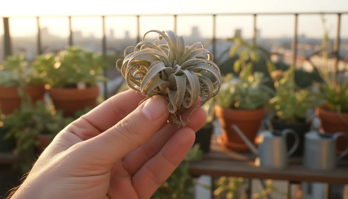 A person's hand holds a distressed air plant with tightly curled, brown-tipped, crispy leaves on an urban balcony.