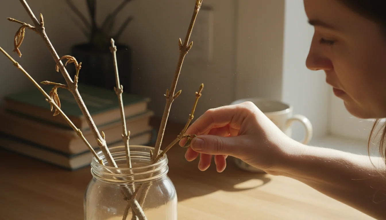 Person's hand gently holds a dormant branch in a glass jar on a kitchen counter, closely inspecting an unswollen bud.