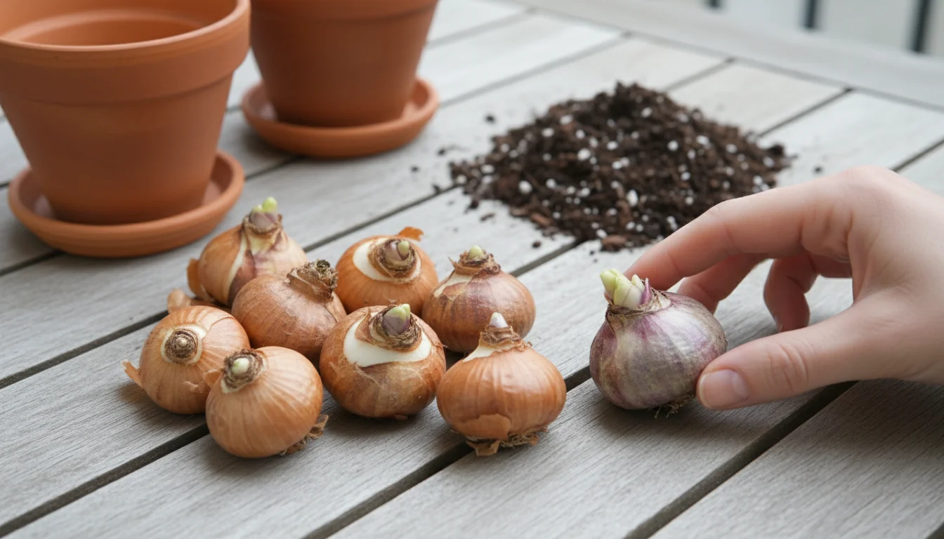 A person's hand holds a hyacinth bulb over a wooden table, surrounded by other bulbs and terracotta pots.