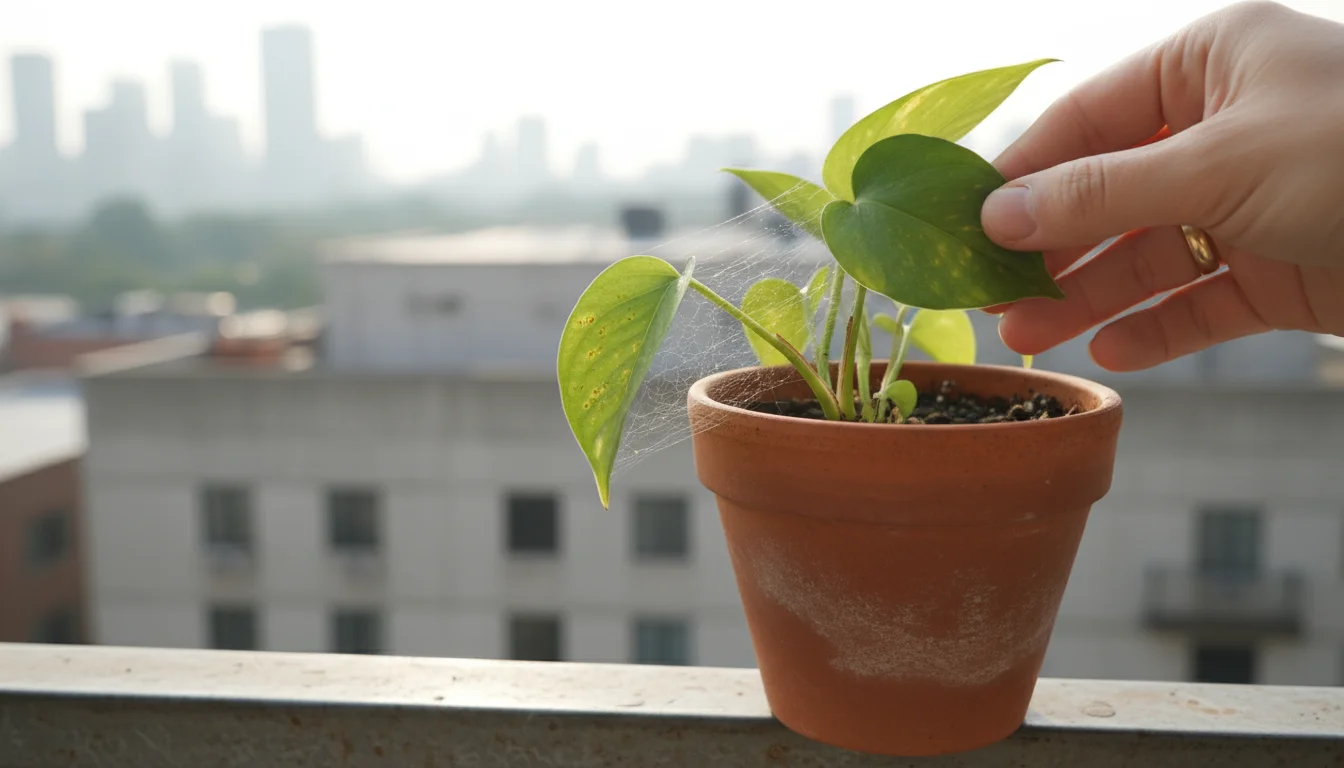 A person's hand gently holds a leaf of a potted Pothos plant, revealing tiny yellow dots and delicate spider mite webbing on the underside.