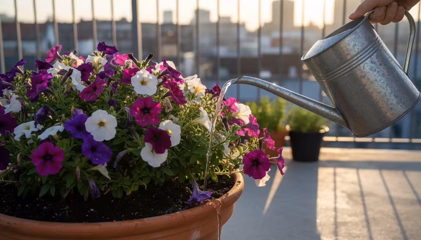 Person's hand holds a metal watering can, slowly watering a vibrant petunia in a pot on a balcony during early morning.