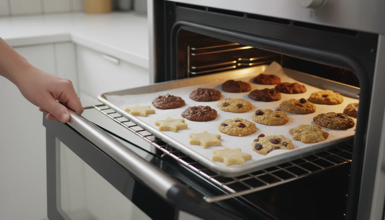 A person's hand gently holds a slightly open oven door, revealing various herbs and flower petals drying on a baking sheet under a warm light.