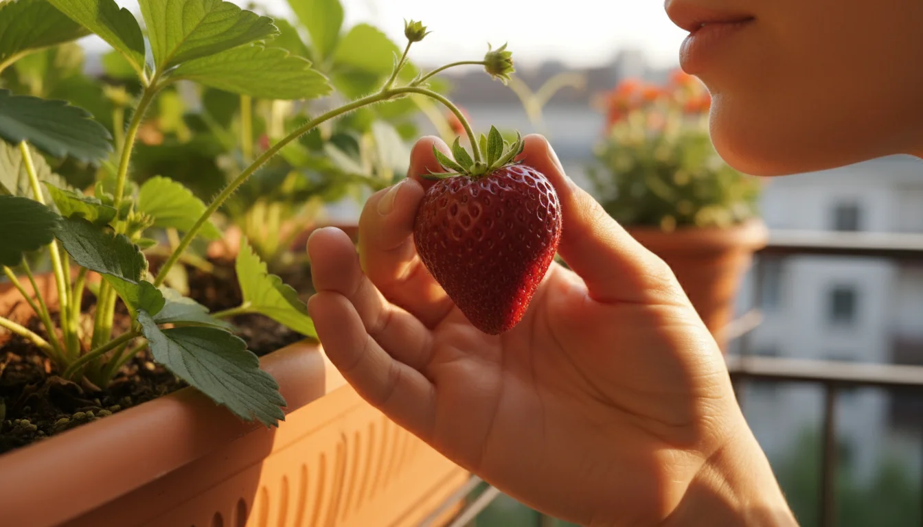 A person's hand gently holds a ripe, deep red strawberry still on its plant in a terracotta window box, with their nose slightly visible.