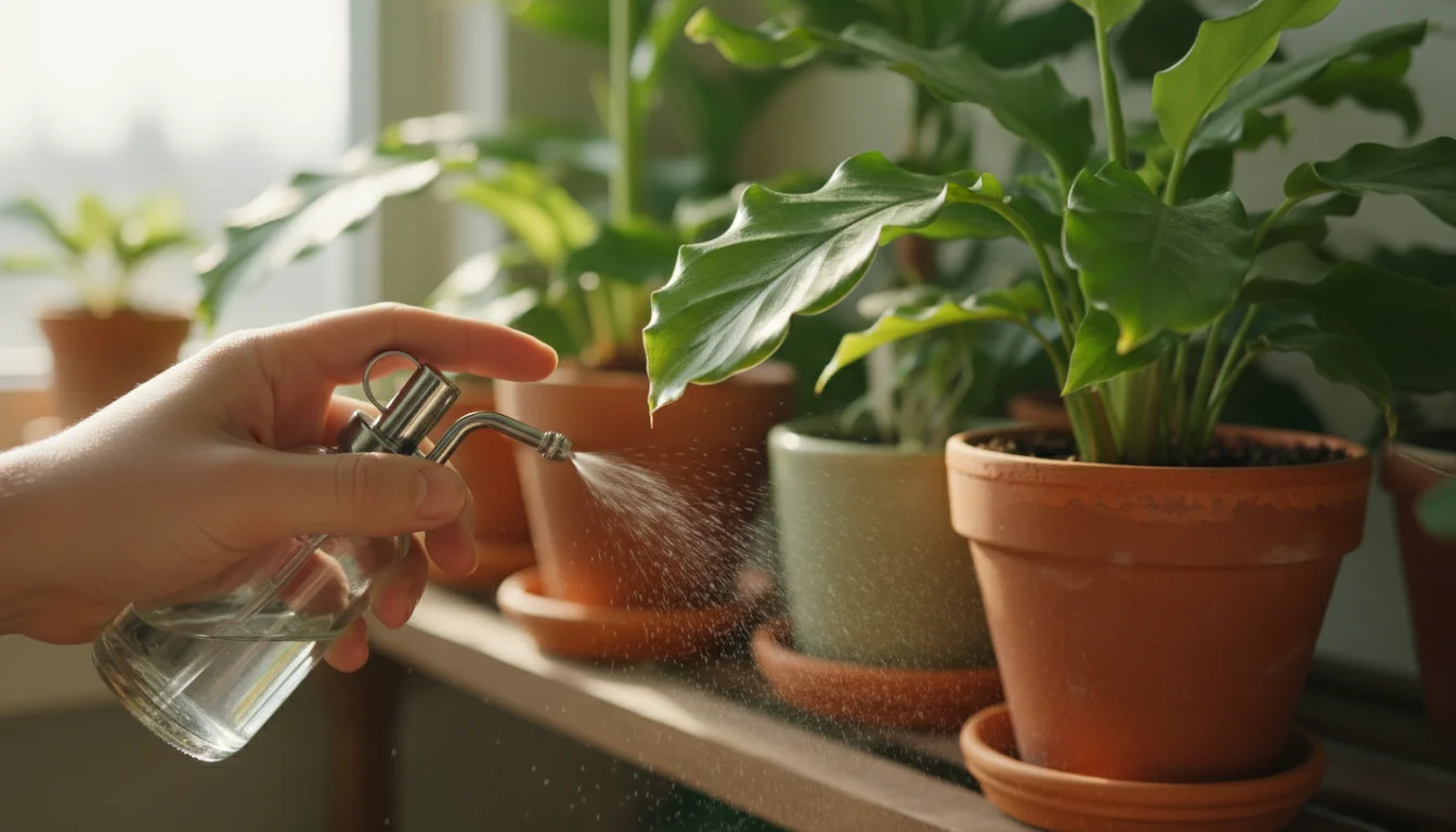 A person's hand holds a small spray bottle, misting the underside of a bright green plant leaf in a terracotta pot on a balcony.