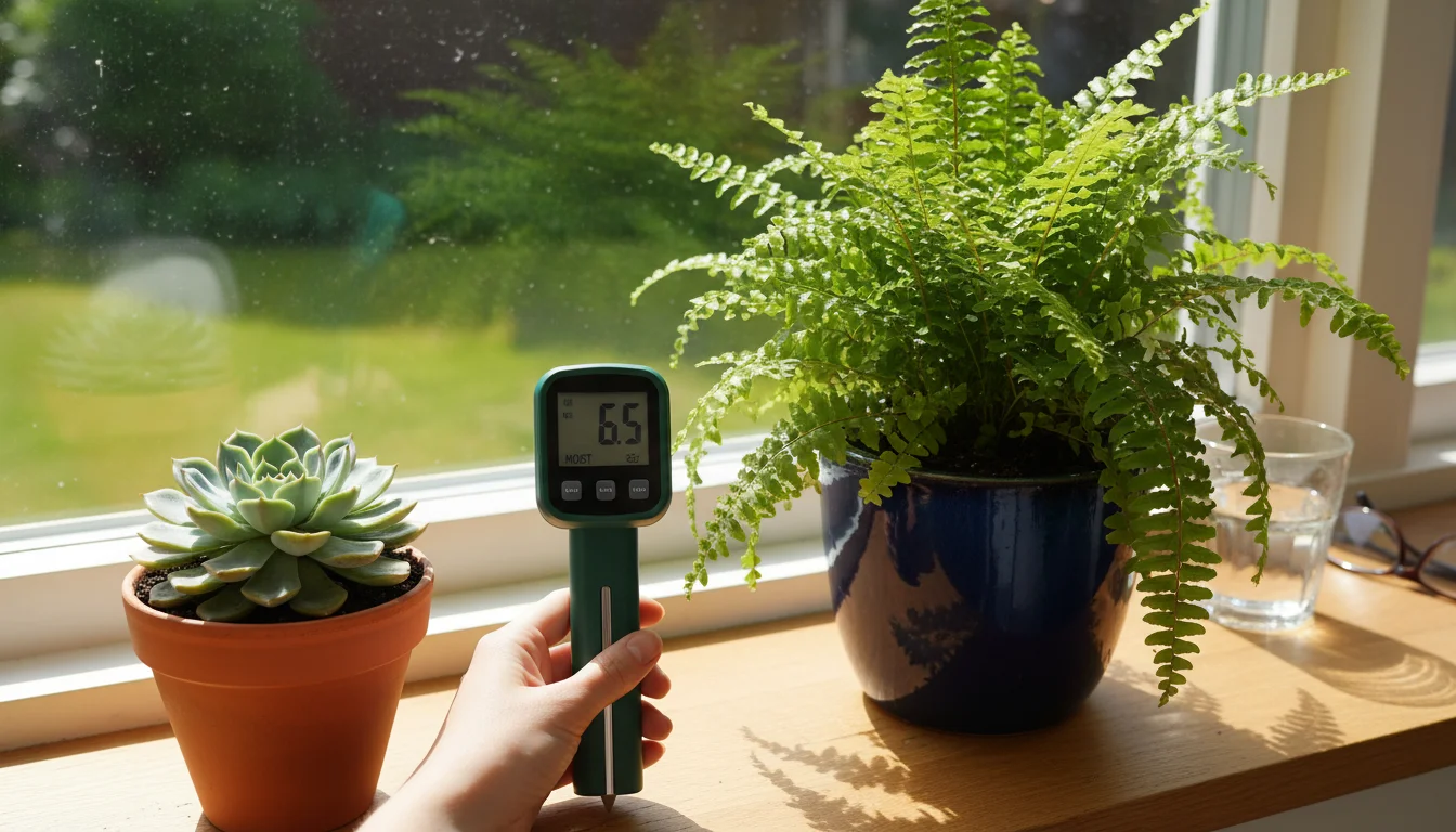 A person's hand holds a soil moisture meter between a potted Echeveria succulent and a Boston fern on a bright windowsill, illustrating diverse plant