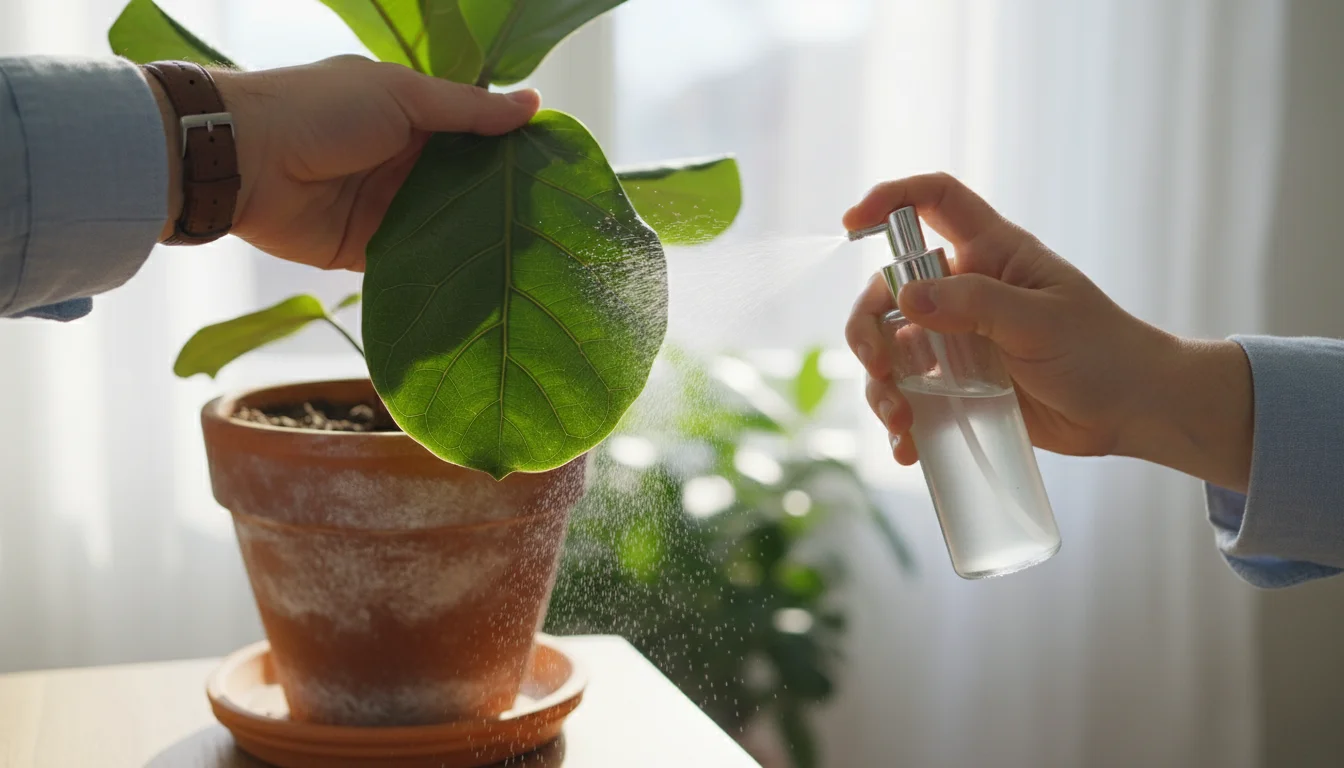 A person's hand holds a spray bottle, misting the underside of a glossy green houseplant leaf in a terracotta pot on a sunny balcony.