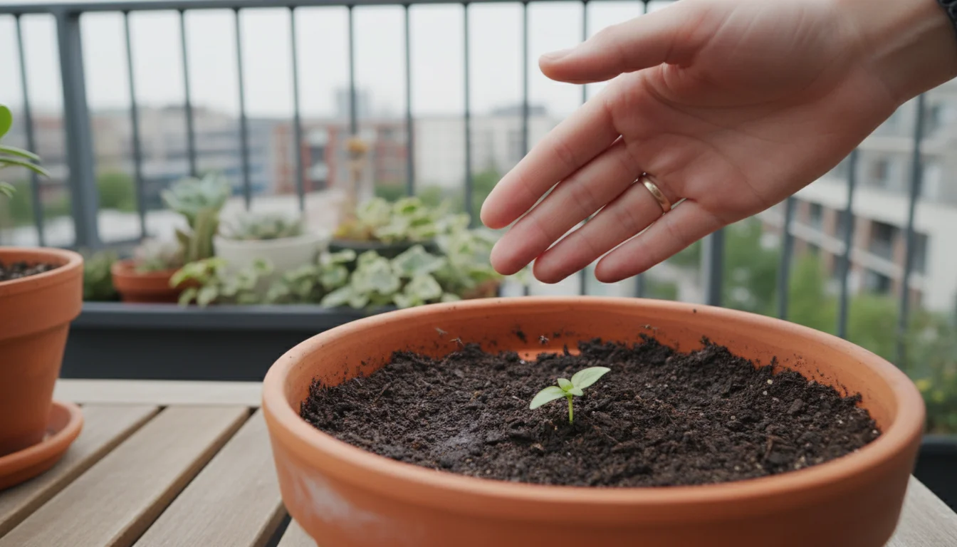 A person's hand hovers over damp soil in a terracotta pot with a young herb seedling; tiny fungus gnats fly above it on a balcony.