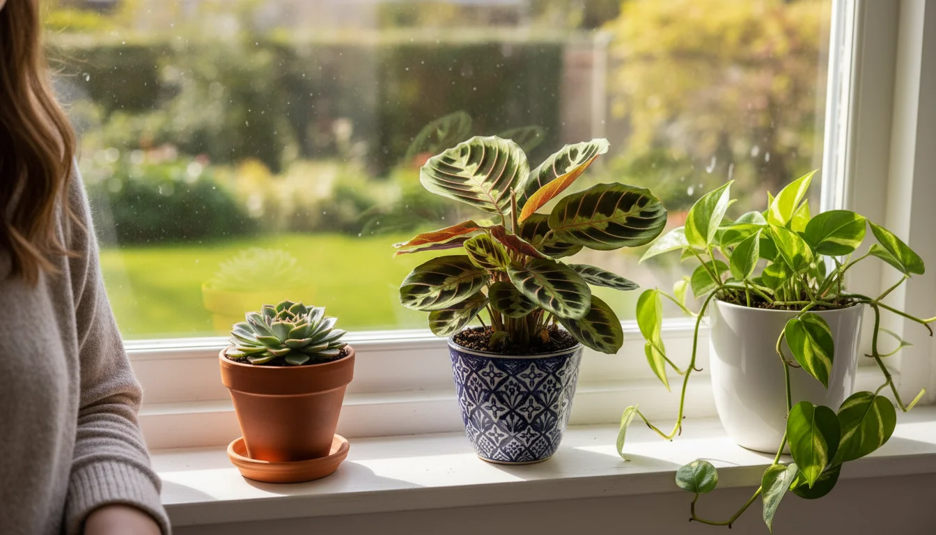 A person's hand hovers over diverse indoor plants on a windowsill, with a plant care journal nearby, bathed in soft light.