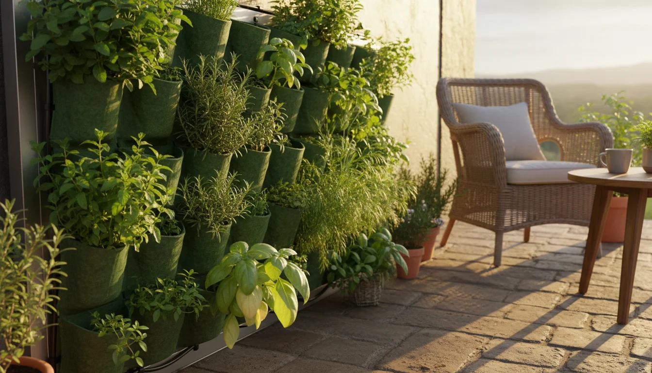 A person's hand hovers over subtly yellowed leaves on a vertical garden plant, troubleshooting issues on a sunny patio.
