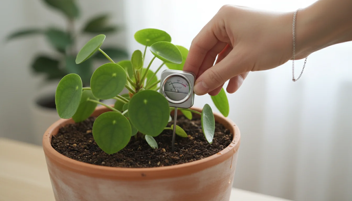 A person's hand gently inserts a classic analog soil moisture meter into a thriving Pilea peperomioides in a terracotta pot, the dial showing