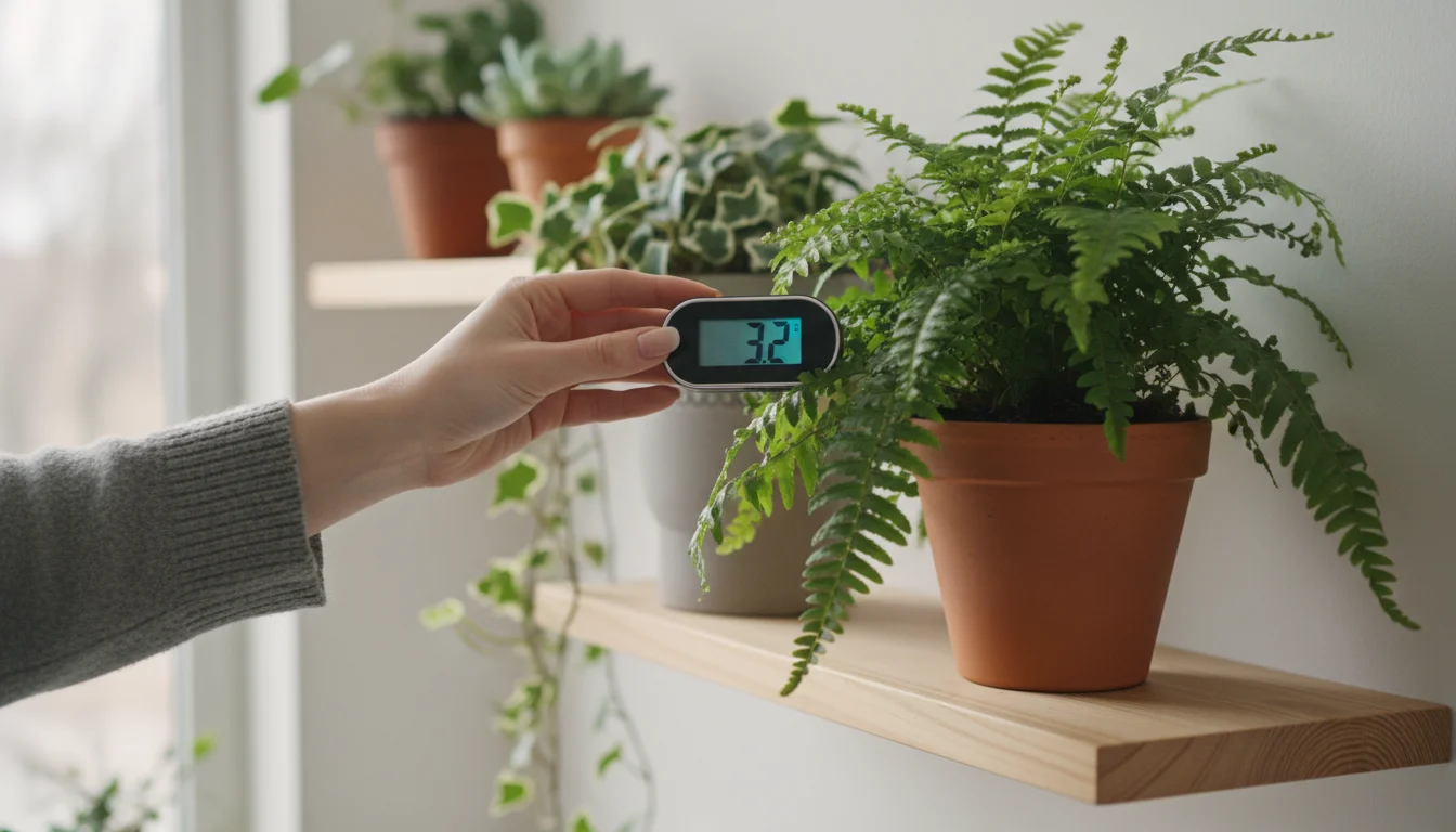 A person's hand inserts a digital soil moisture meter into the soil of a potted Boston fern on a light wooden shelf, with the meter displaying '3.2'.