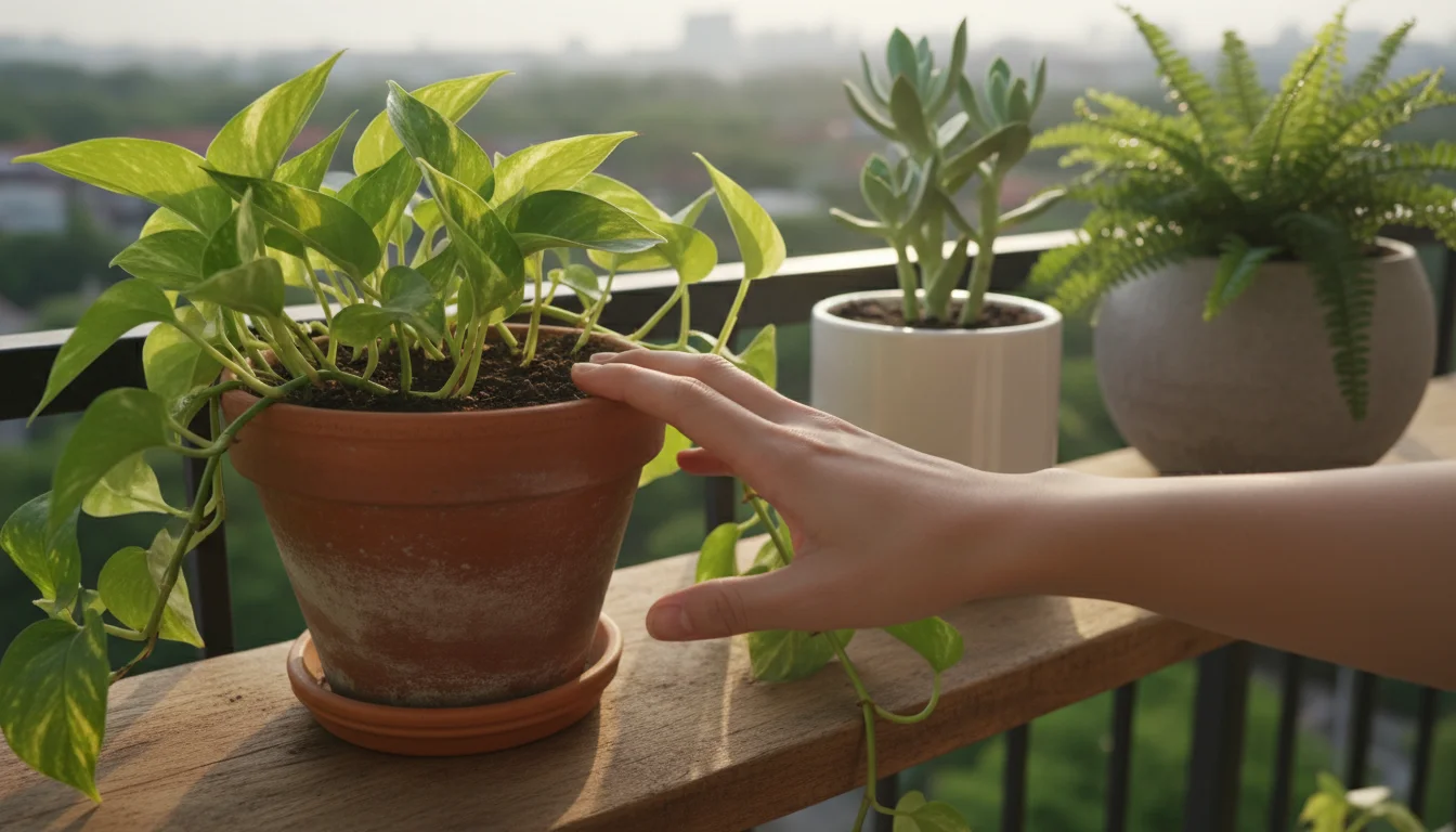 A person's hand gently inserts a finger into the soil of a Pothos plant in a terracotta pot on a wooden balcony shelf, surrounded by other plants.