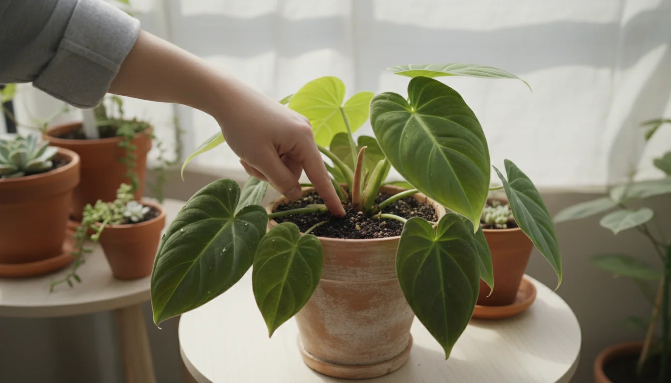 A person's hand gently inserts a finger into the soil of a rare Philodendron verrucosum plant on a balcony table.