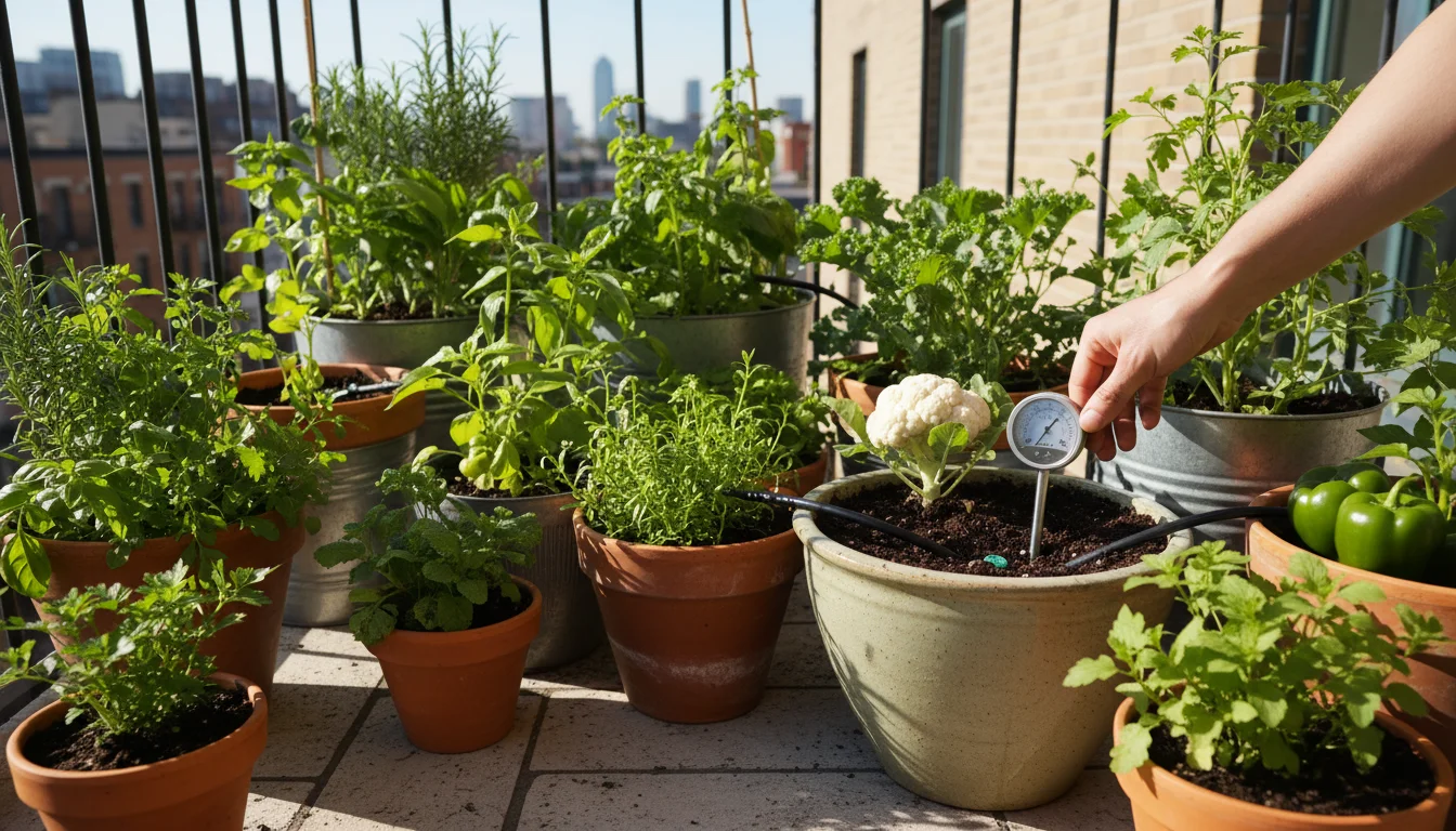 A person's hand inserts a moisture meter into a thriving basil plant, with a discreet drip irrigation system visible among other pots on a sunny urban