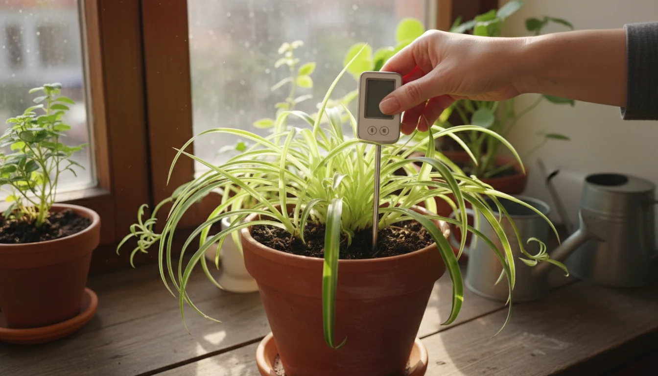 A person's hand inserts a soil moisture meter into a potted spider plant, accurately placed halfway between the stem and pot rim.