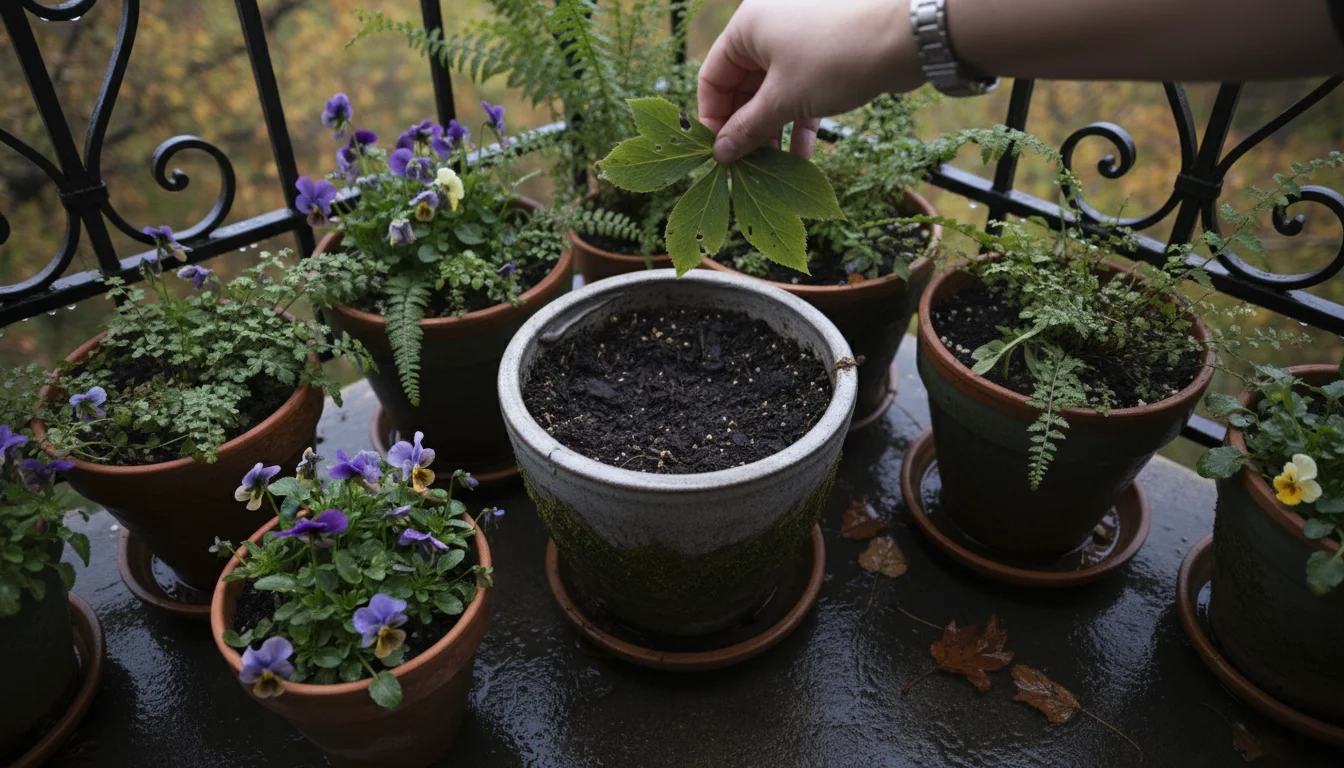 Elevated view of a person's hand inspecting a Hellebore plant in a pot on a shaded balcony. Damp soil, nibbled leaves, and a slug trail are visible.