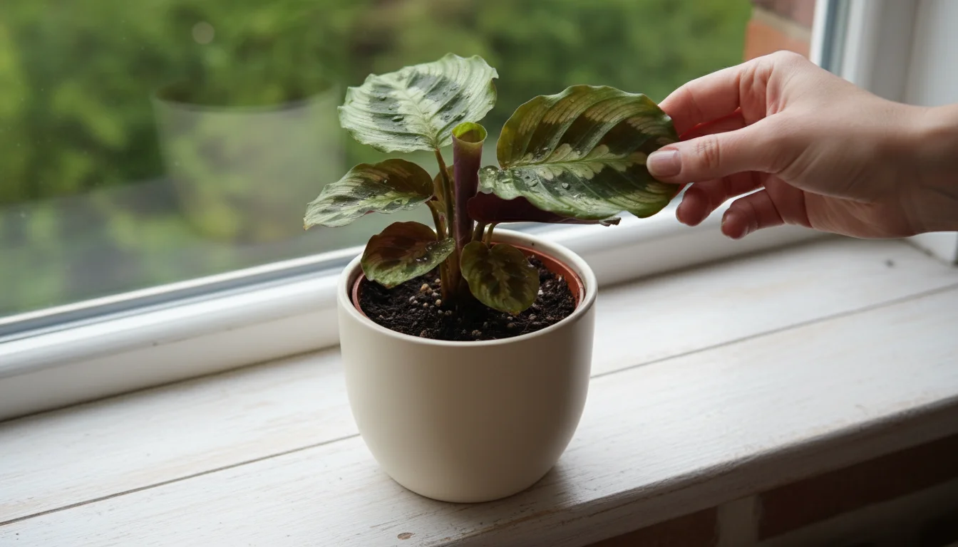Person's hand gently inspecting a houseplant leaf with a subtle brown edge on a sunny window sill.